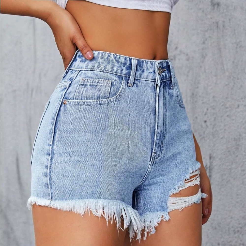 Jean Shorts Womens Letter Patched Distressed Detail Raw Hem Denim Shorts - Picture 3 of 8